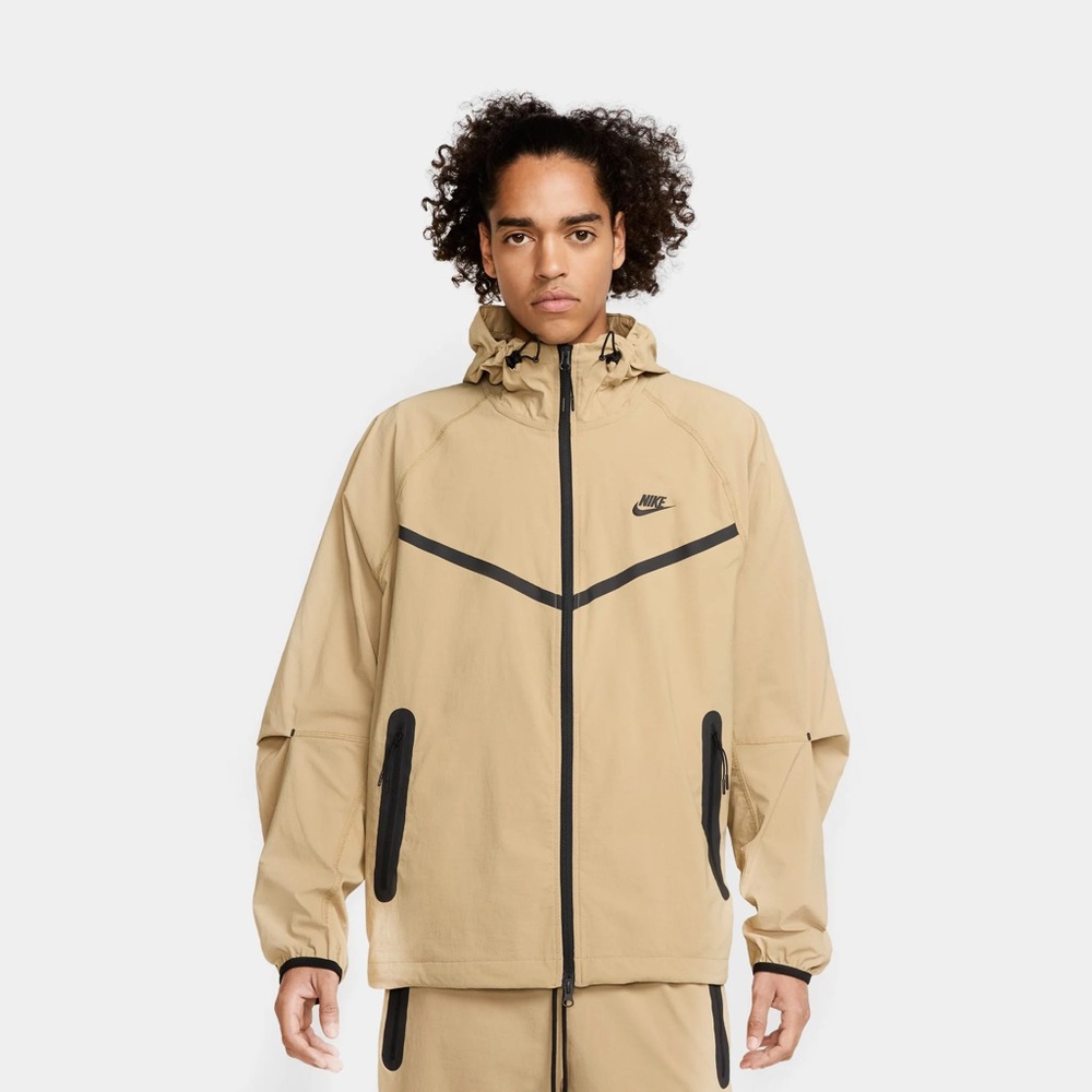 New Nike Tech Woven Jacket Beige Tan Black Hooded Zip Coat Windbreaker Mens - Picture 5 of 8